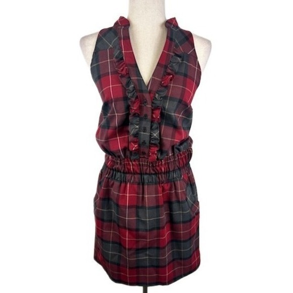 Free People Plaid Mini Dress Ruffle Trim Halter Neck Sleeveless Red Gray Size 8 - Picture 1 of 4